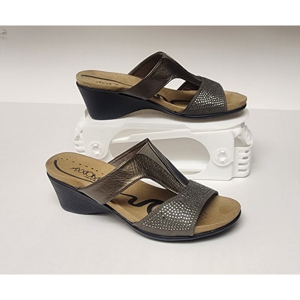 AXXIOM ARIKA 5 EMBELLISHED PEWTER GRAY STRAPPY WEDGE HEEL SANDAL SHOES SIZE 6.5M